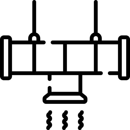Diagram of metal HVAC ductwork with arrows showing airflow through rectangular and round ducts.