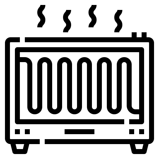 Black and white illustration of a vintage heater with steam lines indicating warmth.